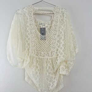 Blue Planet Blouse Lace Crochet Boho Ivory Batwing Sleeves Cropped L Large